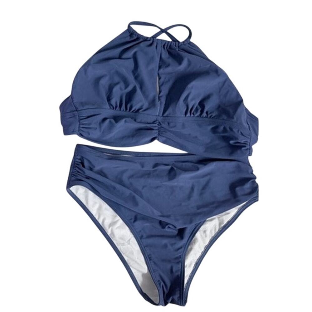 CHARMO Navy Blue High Waisted Halter Bikini Swimsuit Size M - Picture 2 of 4